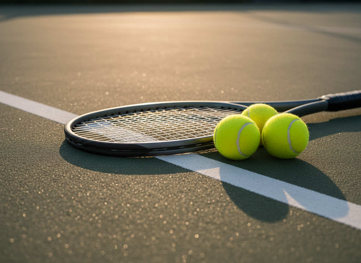 A close-up photographic view of an elite graphite tennis racket resting diagonally across a pristine white hardcourt line, paired with three bright neon-yellow tennis balls with visible fuzzy texture. The court surface shows fine, realistic grit and subtle wear, adding authenticity. Late afternoon natural light casts long, soft shadows and creates a warm glow on the racket’s matte frame and tightly woven strings. The composition uses rule of thirds, with the racket head in sharp focus and the far edge of the court gently blurred, creating depth. The mood is focused and aspirational, evoking competitive play and high performance. The overall style is clean, modern photographic realism, ideal for a professional sporting goods retailer highlighting premium racket-sport equipment.