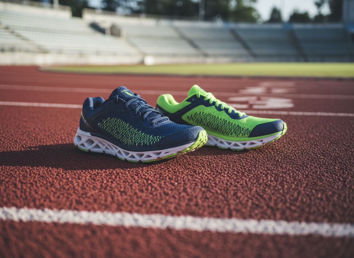 A pair of top-tier running shoes in contrasting deep navy and vivid lime, positioned on a textured, rubberized track lane with crisp white lane markings. The shoe uppers show breathable knit fabric, reinforced heel counters, and intricate tread patterns on the soles. Early morning natural light grazes the scene from the side, creating subtle highlights on mesh texture and casting elongated, dynamic shadows that suggest motion and speed. The background fades into a softly blurred stadium edge and distant lane numbers, keeping attention on the footwear. Shot from a low, slightly angled perspective with a shallow depth of field, the composition feels energetic and performance-driven. The photographic, high-clarity style and professional mood emphasize durability, comfort, and serious training potential for athletes.